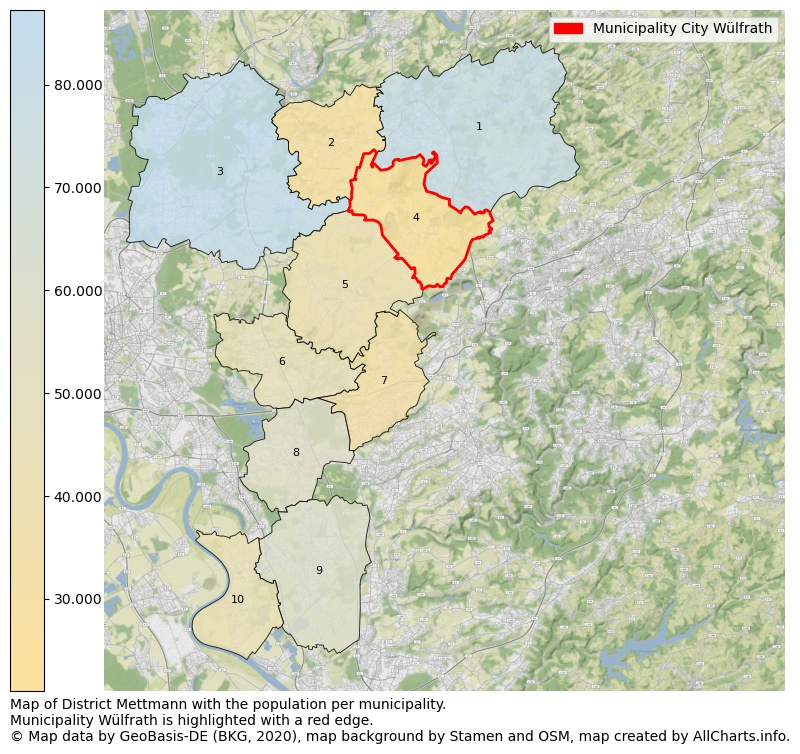 Map of District Mettmann with the population per municipality.Municipality Wülfrath is highlighted with a red edge.. This page shows a lot of information about residents (such as the distribution by age groups, family composition, gender, native or German with an immigration background, ...), homes (numbers, types, price development, use, type of property, ...) and more (car ownership, energy consumption, ...) based on open data from the German Federal Agency for Cartography, the Federal Statistical Office (DESTATIS), the Regional Statistical Offices and various other sources!