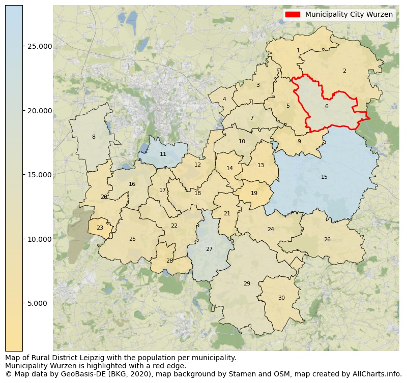 Map of Rural district Leipzig with the population per municipality.Municipality Wurzen is highlighted with a red edge.. This page shows a lot of information about residents (such as the distribution by age groups, family composition, gender, native or German with an immigration background, ...), homes (numbers, types, price development, use, type of property, ...) and more (car ownership, energy consumption, ...) based on open data from the German Federal Agency for Cartography, the Federal Statistical Office (DESTATIS), the Regional Statistical Offices and various other sources!