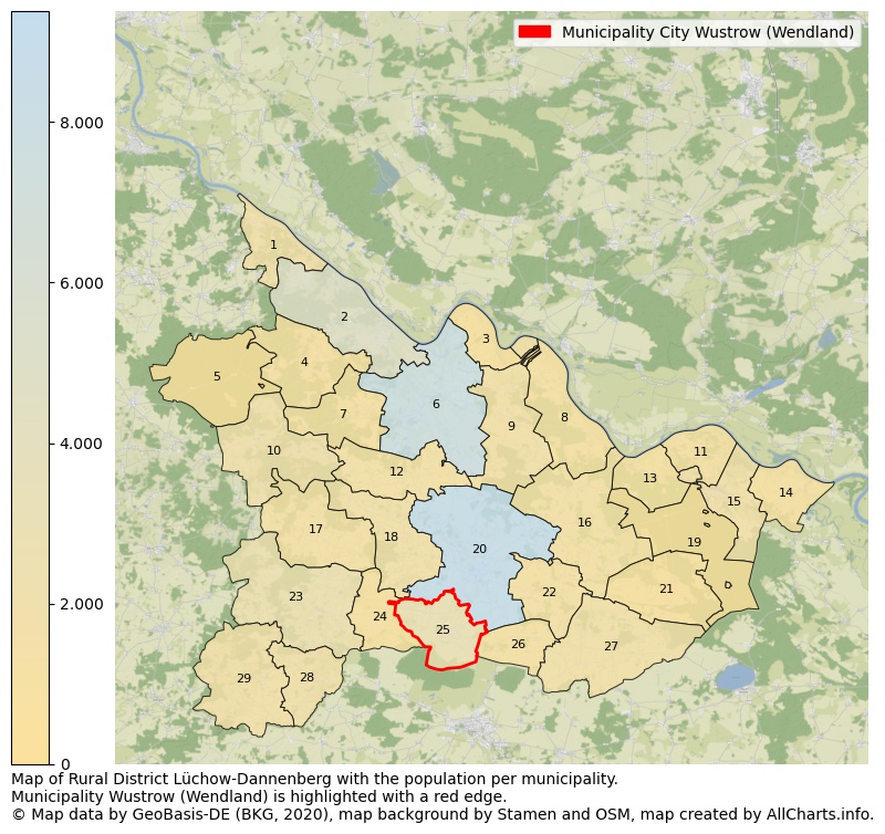 Map of Rural district Lüchow-Dannenberg with the population per municipality.Municipality Wustrow (Wendland) is highlighted with a red edge.. This page shows a lot of information about residents (such as the distribution by age groups, family composition, gender, native or German with an immigration background, ...), homes (numbers, types, price development, use, type of property, ...) and more (car ownership, energy consumption, ...) based on open data from the German Federal Agency for Cartography, the Federal Statistical Office (DESTATIS), the Regional Statistical Offices and various other sources!