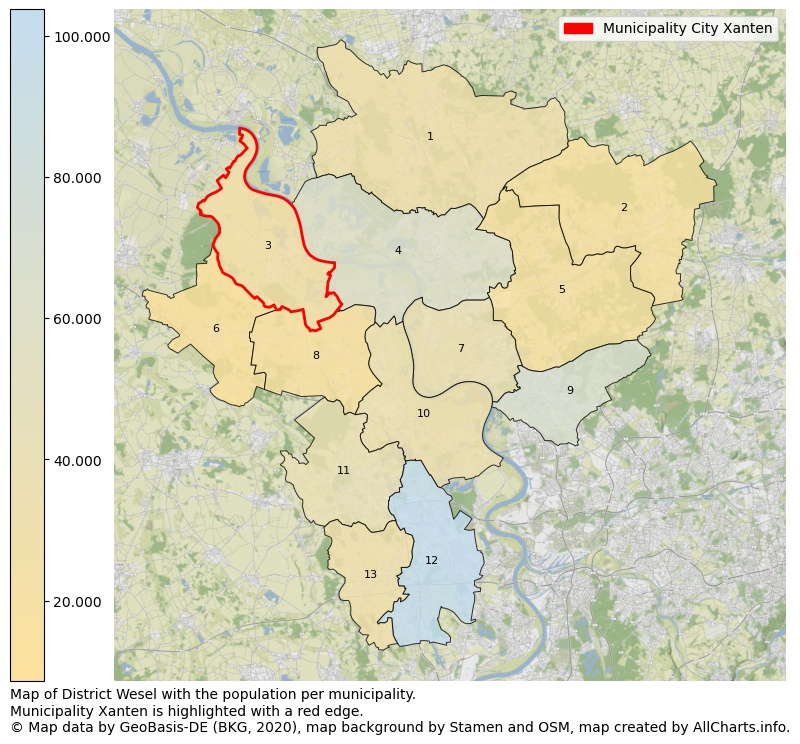 Map of District Wesel with the population per municipality.Municipality Xanten is highlighted with a red edge.. This page shows a lot of information about residents (such as the distribution by age groups, family composition, gender, native or German with an immigration background, ...), homes (numbers, types, price development, use, type of property, ...) and more (car ownership, energy consumption, ...) based on open data from the German Federal Agency for Cartography, the Federal Statistical Office (DESTATIS), the Regional Statistical Offices and various other sources!