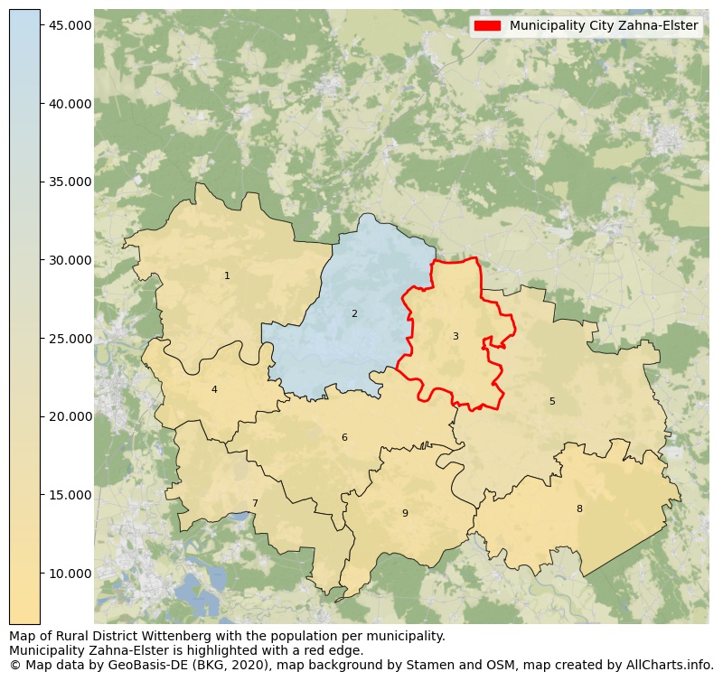 Map of Rural district Wittenberg with the population per municipality.Municipality Zahna-Elster is highlighted with a red edge.. This page shows a lot of information about residents (such as the distribution by age groups, family composition, gender, native or German with an immigration background, ...), homes (numbers, types, price development, use, type of property, ...) and more (car ownership, energy consumption, ...) based on open data from the German Federal Agency for Cartography, the Federal Statistical Office (DESTATIS), the Regional Statistical Offices and various other sources!