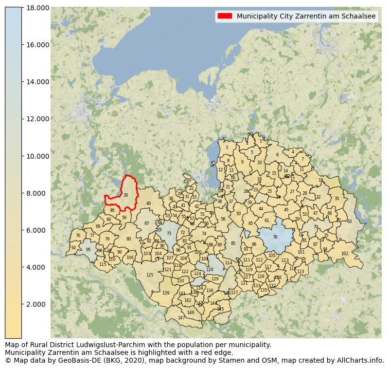 Map of Rural district Ludwigslust-Parchim with the population per municipality.Municipality Zarrentin am Schaalsee is highlighted with a red edge.. This page shows a lot of information about residents (such as the distribution by age groups, family composition, gender, native or German with an immigration background, ...), homes (numbers, types, price development, use, type of property, ...) and more (car ownership, energy consumption, ...) based on open data from the German Federal Agency for Cartography, the Federal Statistical Office (DESTATIS), the Regional Statistical Offices and various other sources!