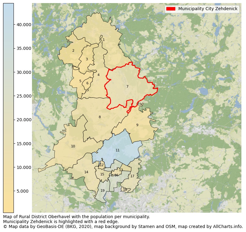 Map of Rural district Oberhavel with the population per municipality.Municipality Zehdenick is highlighted with a red edge.. This page shows a lot of information about residents (such as the distribution by age groups, family composition, gender, native or German with an immigration background, ...), homes (numbers, types, price development, use, type of property, ...) and more (car ownership, energy consumption, ...) based on open data from the German Federal Agency for Cartography, the Federal Statistical Office (DESTATIS), the Regional Statistical Offices and various other sources!
