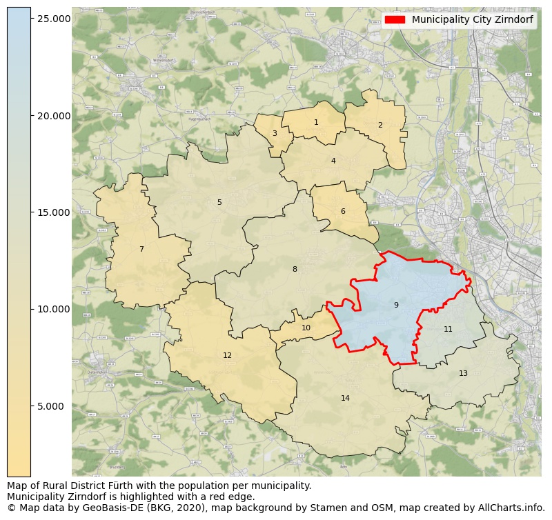 Map of Rural district Fürth with the population per municipality.Municipality Zirndorf is highlighted with a red edge.. This page shows a lot of information about residents (such as the distribution by age groups, family composition, gender, native or German with an immigration background, ...), homes (numbers, types, price development, use, type of property, ...) and more (car ownership, energy consumption, ...) based on open data from the German Federal Agency for Cartography, the Federal Statistical Office (DESTATIS), the Regional Statistical Offices and various other sources!