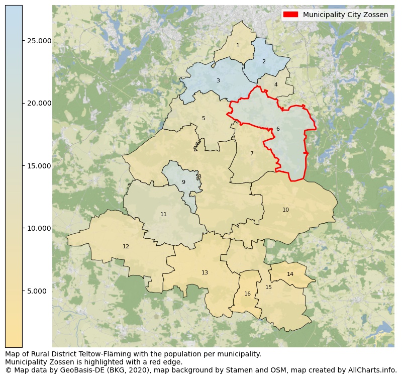 Map of Rural district Teltow-Fläming with the population per municipality.Municipality Zossen is highlighted with a red edge.. This page shows a lot of information about residents (such as the distribution by age groups, family composition, gender, native or German with an immigration background, ...), homes (numbers, types, price development, use, type of property, ...) and more (car ownership, energy consumption, ...) based on open data from the German Federal Agency for Cartography, the Federal Statistical Office (DESTATIS), the Regional Statistical Offices and various other sources!