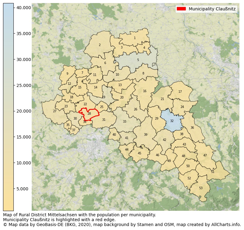 Map of Rural district Mittelsachsen with the population per municipality.Municipality Claußnitz is highlighted with a red edge.. This page shows a lot of information about residents (such as the distribution by age groups, family composition, gender, native or German with an immigration background, ...), homes (numbers, types, price development, use, type of property, ...) and more (car ownership, energy consumption, ...) based on open data from the German Federal Agency for Cartography, the Federal Statistical Office (DESTATIS), the Regional Statistical Offices and various other sources!