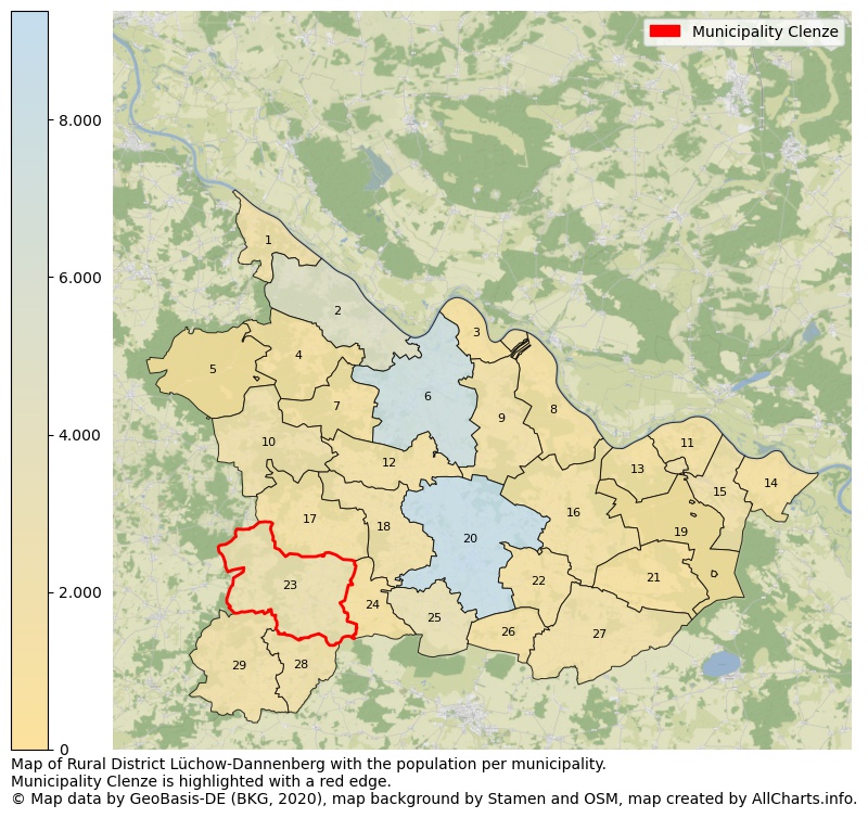 Map of Rural district Lüchow-Dannenberg with the population per municipality.Municipality Clenze is highlighted with a red edge.. This page shows a lot of information about residents (such as the distribution by age groups, family composition, gender, native or German with an immigration background, ...), homes (numbers, types, price development, use, type of property, ...) and more (car ownership, energy consumption, ...) based on open data from the German Federal Agency for Cartography, the Federal Statistical Office (DESTATIS), the Regional Statistical Offices and various other sources!