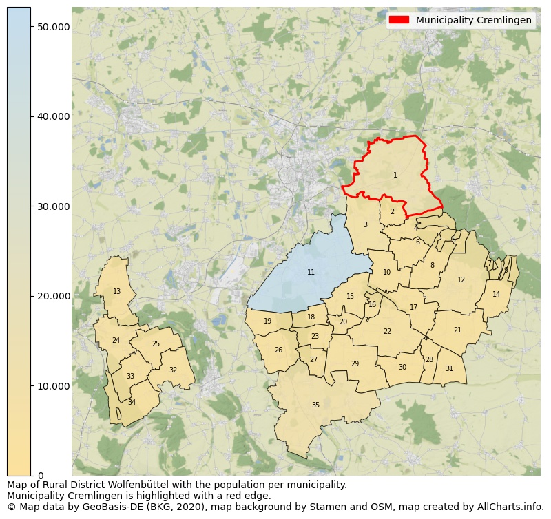 Map of Rural district Wolfenbüttel with the population per municipality.Municipality Cremlingen is highlighted with a red edge.. This page shows a lot of information about residents (such as the distribution by age groups, family composition, gender, native or German with an immigration background, ...), homes (numbers, types, price development, use, type of property, ...) and more (car ownership, energy consumption, ...) based on open data from the German Federal Agency for Cartography, the Federal Statistical Office (DESTATIS), the Regional Statistical Offices and various other sources!