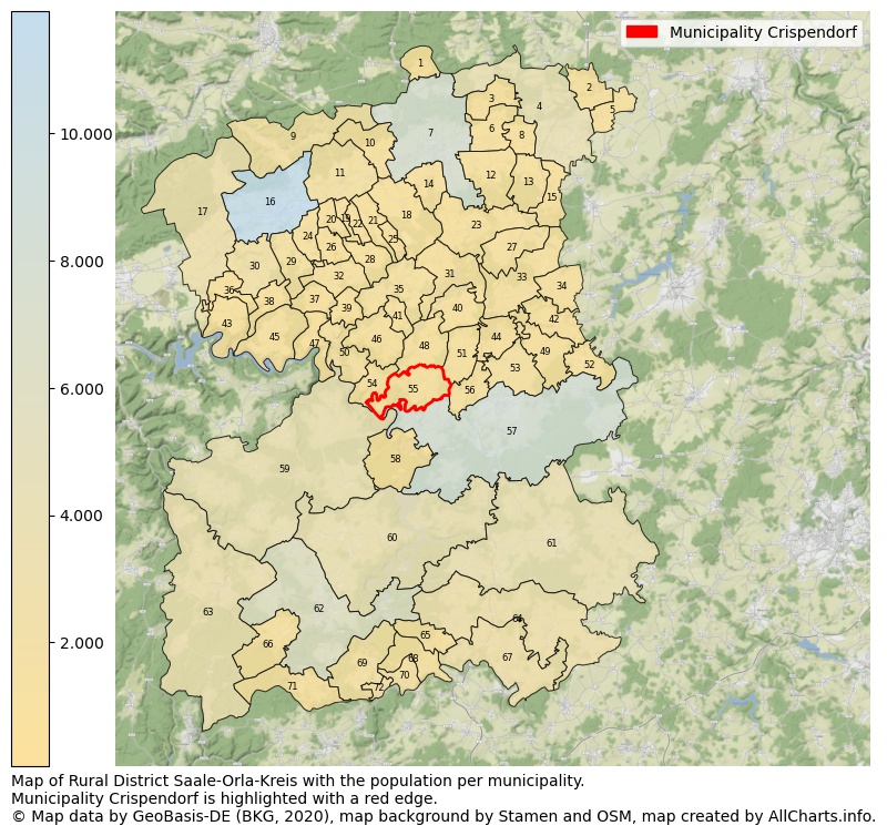 Map of Rural district Saale-Orla-Kreis with the population per municipality.Municipality Crispendorf is highlighted with a red edge.. This page shows a lot of information about residents (such as the distribution by age groups, family composition, gender, native or German with an immigration background, ...), homes (numbers, types, price development, use, type of property, ...) and more (car ownership, energy consumption, ...) based on open data from the German Federal Agency for Cartography, the Federal Statistical Office (DESTATIS), the Regional Statistical Offices and various other sources!