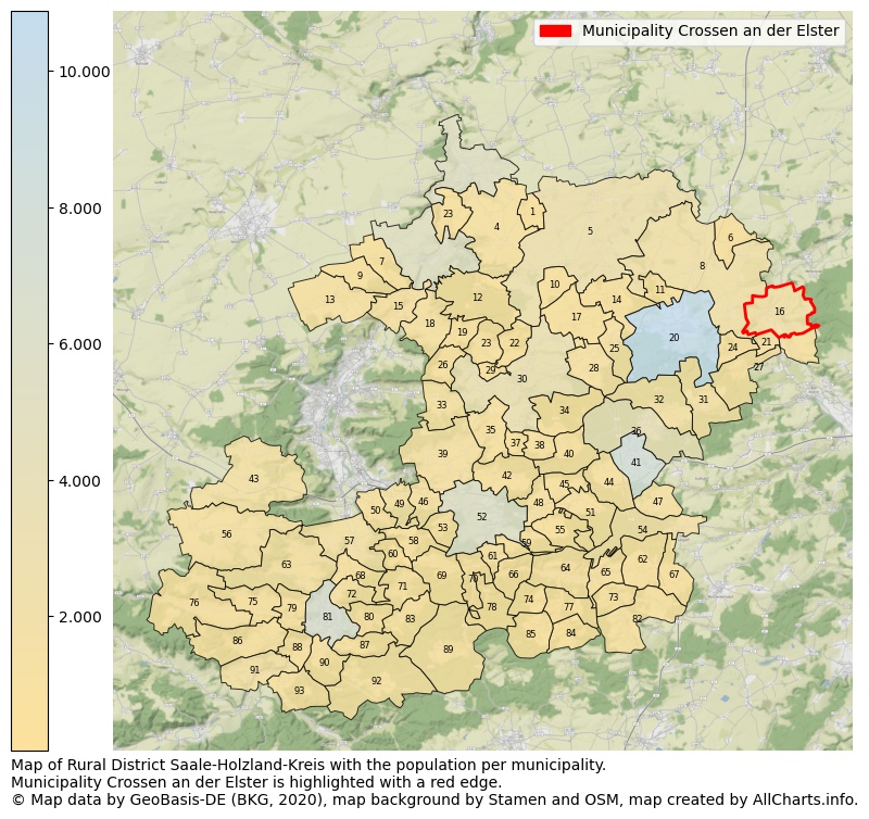 Map of Rural district Saale-Holzland-Kreis with the population per municipality.Municipality Crossen an der Elster is highlighted with a red edge.. This page shows a lot of information about residents (such as the distribution by age groups, family composition, gender, native or German with an immigration background, ...), homes (numbers, types, price development, use, type of property, ...) and more (car ownership, energy consumption, ...) based on open data from the German Federal Agency for Cartography, the Federal Statistical Office (DESTATIS), the Regional Statistical Offices and various other sources!