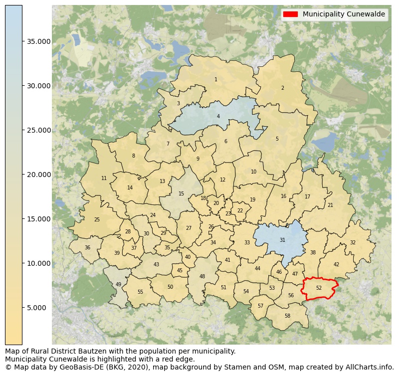 Map of Rural district Bautzen with the population per municipality.Municipality Cunewalde is highlighted with a red edge.. This page shows a lot of information about residents (such as the distribution by age groups, family composition, gender, native or German with an immigration background, ...), homes (numbers, types, price development, use, type of property, ...) and more (car ownership, energy consumption, ...) based on open data from the German Federal Agency for Cartography, the Federal Statistical Office (DESTATIS), the Regional Statistical Offices and various other sources!