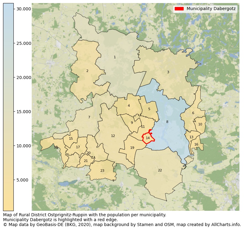 Map of Rural district Ostprignitz-Ruppin with the population per municipality.Municipality Dabergotz is highlighted with a red edge.. This page shows a lot of information about residents (such as the distribution by age groups, family composition, gender, native or German with an immigration background, ...), homes (numbers, types, price development, use, type of property, ...) and more (car ownership, energy consumption, ...) based on open data from the German Federal Agency for Cartography, the Federal Statistical Office (DESTATIS), the Regional Statistical Offices and various other sources!