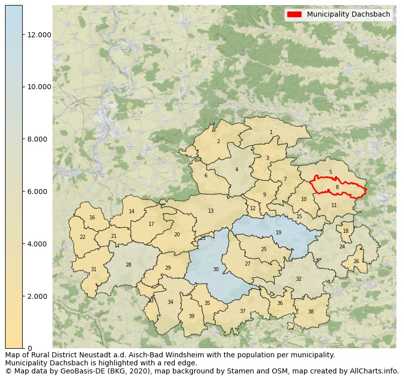Map of Rural district Neustadt a.d. Aisch-Bad Windsheim with the population per municipality.Municipality Dachsbach is highlighted with a red edge.. This page shows a lot of information about residents (such as the distribution by age groups, family composition, gender, native or German with an immigration background, ...), homes (numbers, types, price development, use, type of property, ...) and more (car ownership, energy consumption, ...) based on open data from the German Federal Agency for Cartography, the Federal Statistical Office (DESTATIS), the Regional Statistical Offices and various other sources!