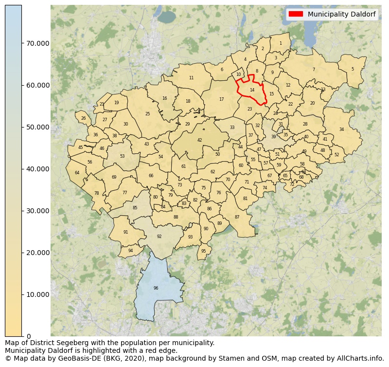 Map of District Segeberg with the population per municipality.Municipality Daldorf is highlighted with a red edge.. This page shows a lot of information about residents (such as the distribution by age groups, family composition, gender, native or German with an immigration background, ...), homes (numbers, types, price development, use, type of property, ...) and more (car ownership, energy consumption, ...) based on open data from the German Federal Agency for Cartography, the Federal Statistical Office (DESTATIS), the Regional Statistical Offices and various other sources!
