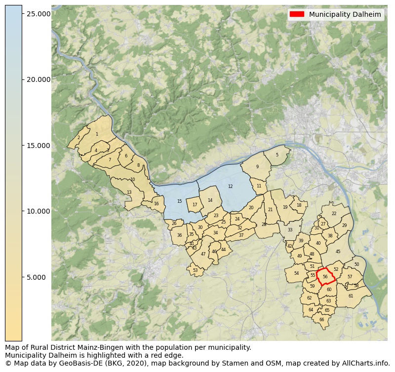Map of Rural district Mainz-Bingen with the population per municipality.Municipality Dalheim is highlighted with a red edge.. This page shows a lot of information about residents (such as the distribution by age groups, family composition, gender, native or German with an immigration background, ...), homes (numbers, types, price development, use, type of property, ...) and more (car ownership, energy consumption, ...) based on open data from the German Federal Agency for Cartography, the Federal Statistical Office (DESTATIS), the Regional Statistical Offices and various other sources!