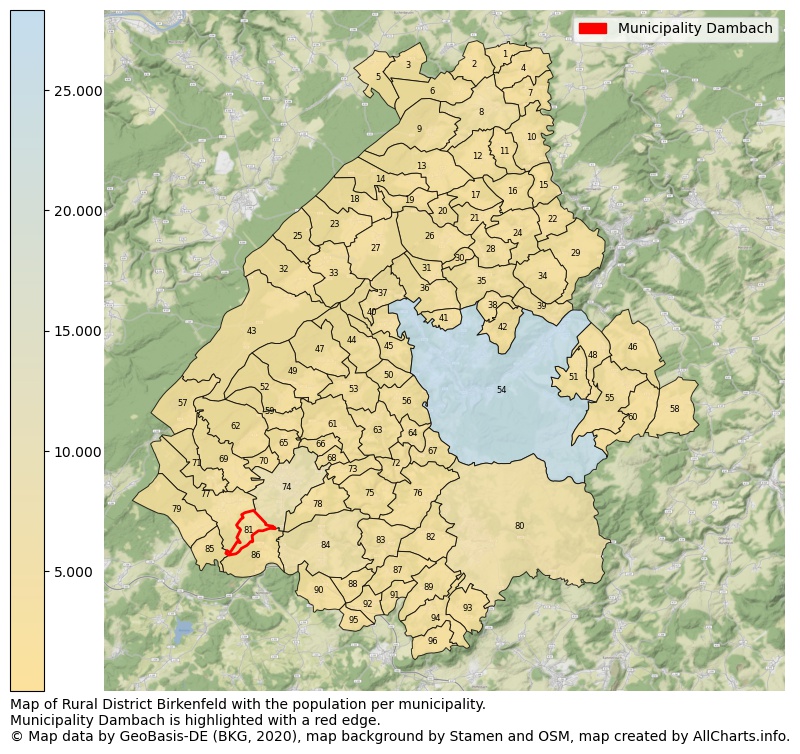 Map of Rural district Birkenfeld with the population per municipality.Municipality Dambach is highlighted with a red edge.. This page shows a lot of information about residents (such as the distribution by age groups, family composition, gender, native or German with an immigration background, ...), homes (numbers, types, price development, use, type of property, ...) and more (car ownership, energy consumption, ...) based on open data from the German Federal Agency for Cartography, the Federal Statistical Office (DESTATIS), the Regional Statistical Offices and various other sources!