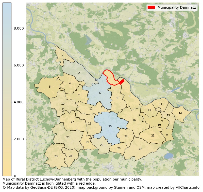 Map of Rural district Lüchow-Dannenberg with the population per municipality.Municipality Damnatz is highlighted with a red edge.. This page shows a lot of information about residents (such as the distribution by age groups, family composition, gender, native or German with an immigration background, ...), homes (numbers, types, price development, use, type of property, ...) and more (car ownership, energy consumption, ...) based on open data from the German Federal Agency for Cartography, the Federal Statistical Office (DESTATIS), the Regional Statistical Offices and various other sources!