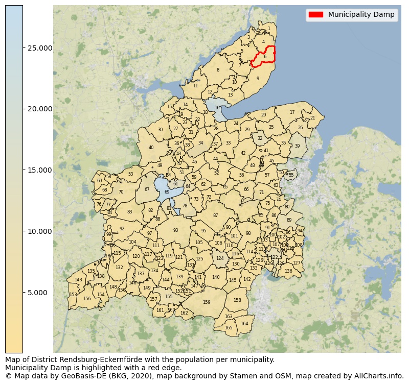Map of District Rendsburg-Eckernförde with the population per municipality.Municipality Damp is highlighted with a red edge.. This page shows a lot of information about residents (such as the distribution by age groups, family composition, gender, native or German with an immigration background, ...), homes (numbers, types, price development, use, type of property, ...) and more (car ownership, energy consumption, ...) based on open data from the German Federal Agency for Cartography, the Federal Statistical Office (DESTATIS), the Regional Statistical Offices and various other sources!