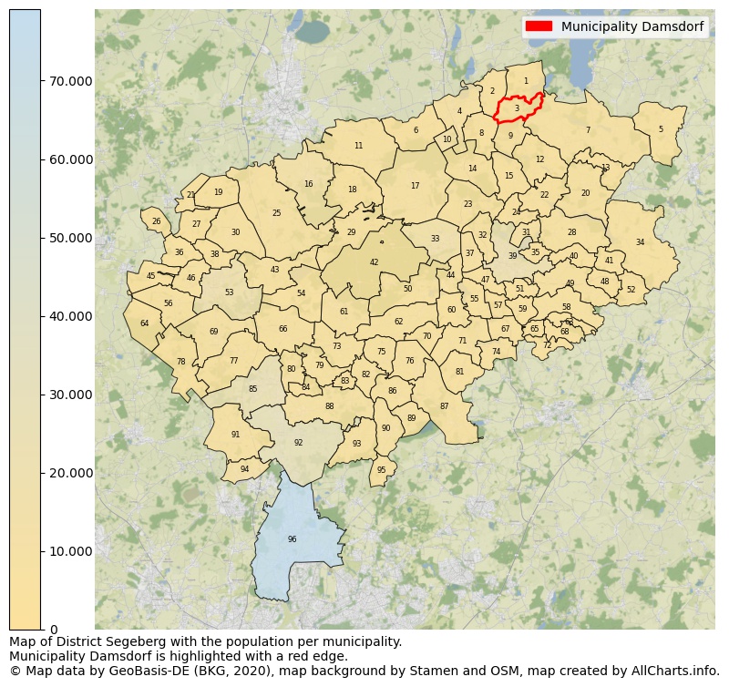 Map of District Segeberg with the population per municipality.Municipality Damsdorf is highlighted with a red edge.. This page shows a lot of information about residents (such as the distribution by age groups, family composition, gender, native or German with an immigration background, ...), homes (numbers, types, price development, use, type of property, ...) and more (car ownership, energy consumption, ...) based on open data from the German Federal Agency for Cartography, the Federal Statistical Office (DESTATIS), the Regional Statistical Offices and various other sources!