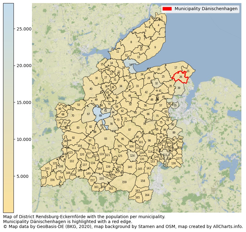 Map of District Rendsburg-Eckernförde with the population per municipality.Municipality Dänischenhagen is highlighted with a red edge.. This page shows a lot of information about residents (such as the distribution by age groups, family composition, gender, native or German with an immigration background, ...), homes (numbers, types, price development, use, type of property, ...) and more (car ownership, energy consumption, ...) based on open data from the German Federal Agency for Cartography, the Federal Statistical Office (DESTATIS), the Regional Statistical Offices and various other sources!