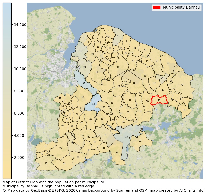 Map of District Plön with the population per municipality.Municipality Dannau is highlighted with a red edge.. This page shows a lot of information about residents (such as the distribution by age groups, family composition, gender, native or German with an immigration background, ...), homes (numbers, types, price development, use, type of property, ...) and more (car ownership, energy consumption, ...) based on open data from the German Federal Agency for Cartography, the Federal Statistical Office (DESTATIS), the Regional Statistical Offices and various other sources!