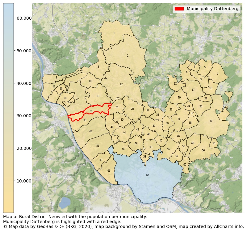 Map of Rural district Neuwied with the population per municipality.Municipality Dattenberg is highlighted with a red edge.. This page shows a lot of information about residents (such as the distribution by age groups, family composition, gender, native or German with an immigration background, ...), homes (numbers, types, price development, use, type of property, ...) and more (car ownership, energy consumption, ...) based on open data from the German Federal Agency for Cartography, the Federal Statistical Office (DESTATIS), the Regional Statistical Offices and various other sources!