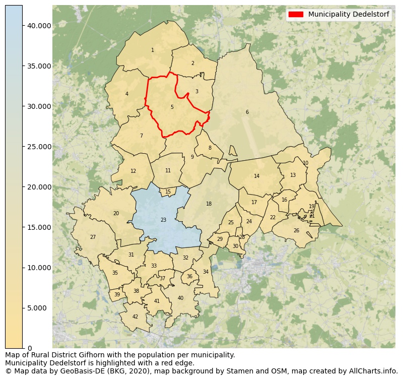 Map of Rural district Gifhorn with the population per municipality.Municipality Dedelstorf is highlighted with a red edge.. This page shows a lot of information about residents (such as the distribution by age groups, family composition, gender, native or German with an immigration background, ...), homes (numbers, types, price development, use, type of property, ...) and more (car ownership, energy consumption, ...) based on open data from the German Federal Agency for Cartography, the Federal Statistical Office (DESTATIS), the Regional Statistical Offices and various other sources!