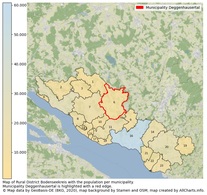 Map of Rural district Bodenseekreis with the population per municipality.Municipality Deggenhausertal is highlighted with a red edge.. This page shows a lot of information about residents (such as the distribution by age groups, family composition, gender, native or German with an immigration background, ...), homes (numbers, types, price development, use, type of property, ...) and more (car ownership, energy consumption, ...) based on open data from the German Federal Agency for Cartography, the Federal Statistical Office (DESTATIS), the Regional Statistical Offices and various other sources!