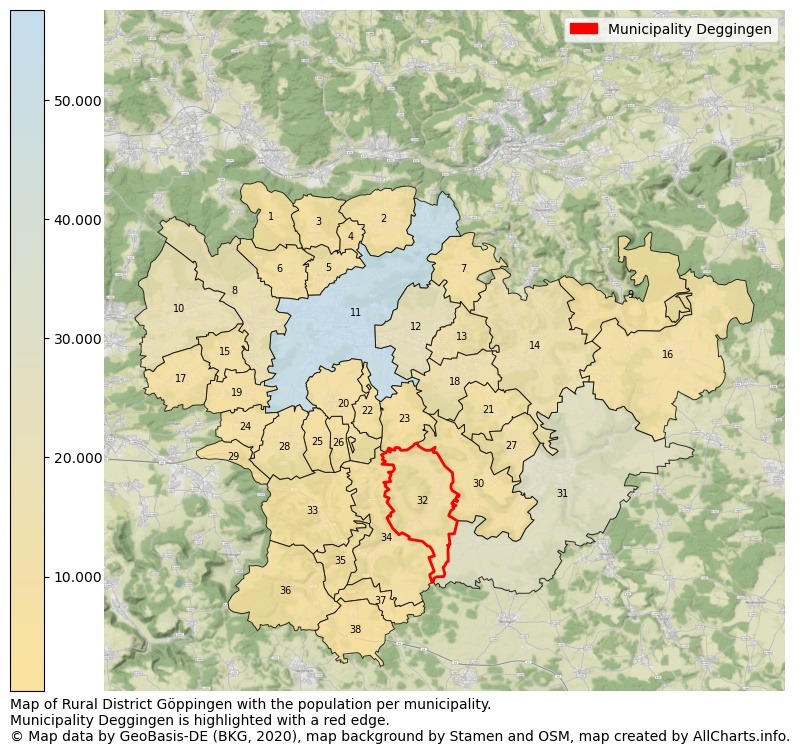 Map of Rural district Göppingen with the population per municipality.Municipality Deggingen is highlighted with a red edge.. This page shows a lot of information about residents (such as the distribution by age groups, family composition, gender, native or German with an immigration background, ...), homes (numbers, types, price development, use, type of property, ...) and more (car ownership, energy consumption, ...) based on open data from the German Federal Agency for Cartography, the Federal Statistical Office (DESTATIS), the Regional Statistical Offices and various other sources!