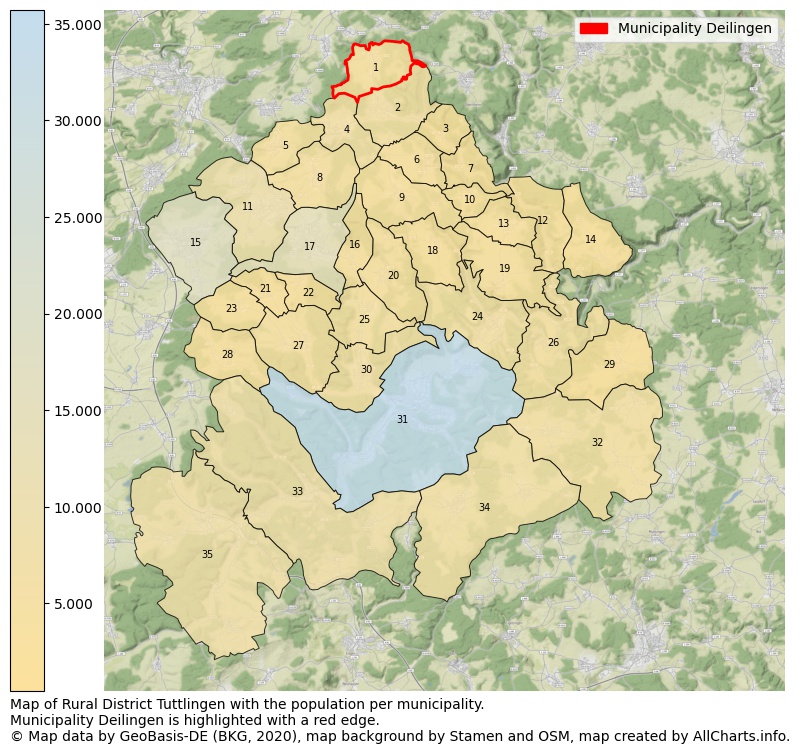 Map of Rural district Tuttlingen with the population per municipality.Municipality Deilingen is highlighted with a red edge.. This page shows a lot of information about residents (such as the distribution by age groups, family composition, gender, native or German with an immigration background, ...), homes (numbers, types, price development, use, type of property, ...) and more (car ownership, energy consumption, ...) based on open data from the German Federal Agency for Cartography, the Federal Statistical Office (DESTATIS), the Regional Statistical Offices and various other sources!