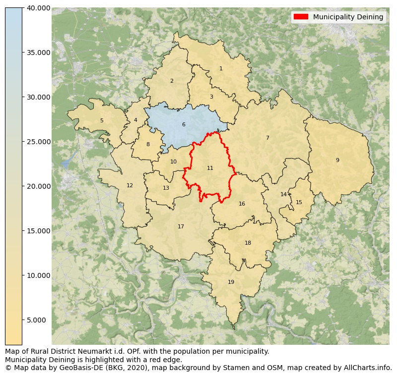 Map of Rural district Neumarkt i.d. OPf. with the population per municipality.Municipality Deining is highlighted with a red edge.. This page shows a lot of information about residents (such as the distribution by age groups, family composition, gender, native or German with an immigration background, ...), homes (numbers, types, price development, use, type of property, ...) and more (car ownership, energy consumption, ...) based on open data from the German Federal Agency for Cartography, the Federal Statistical Office (DESTATIS), the Regional Statistical Offices and various other sources!