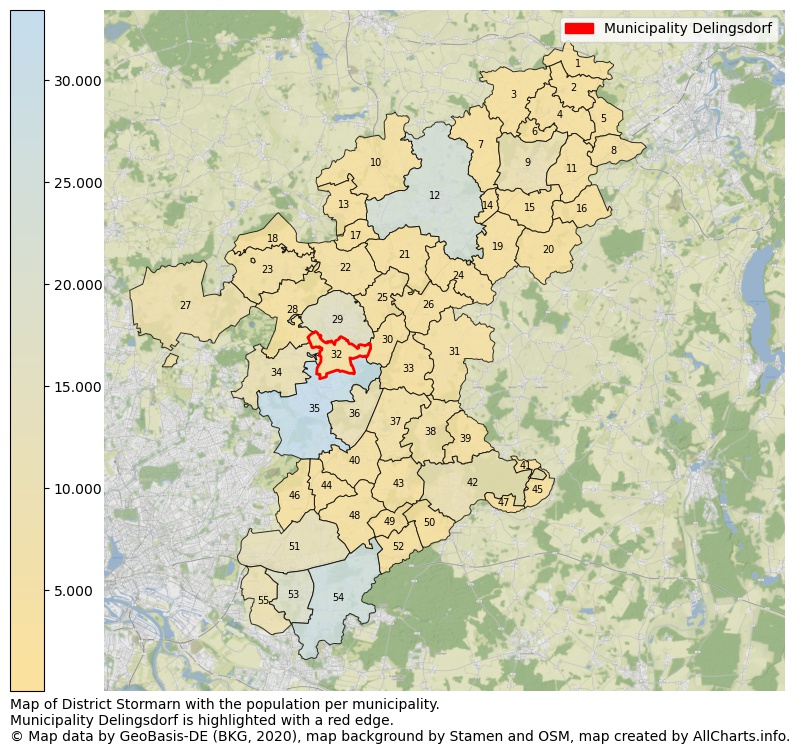 Map of District Stormarn with the population per municipality.Municipality Delingsdorf is highlighted with a red edge.. This page shows a lot of information about residents (such as the distribution by age groups, family composition, gender, native or German with an immigration background, ...), homes (numbers, types, price development, use, type of property, ...) and more (car ownership, energy consumption, ...) based on open data from the German Federal Agency for Cartography, the Federal Statistical Office (DESTATIS), the Regional Statistical Offices and various other sources!