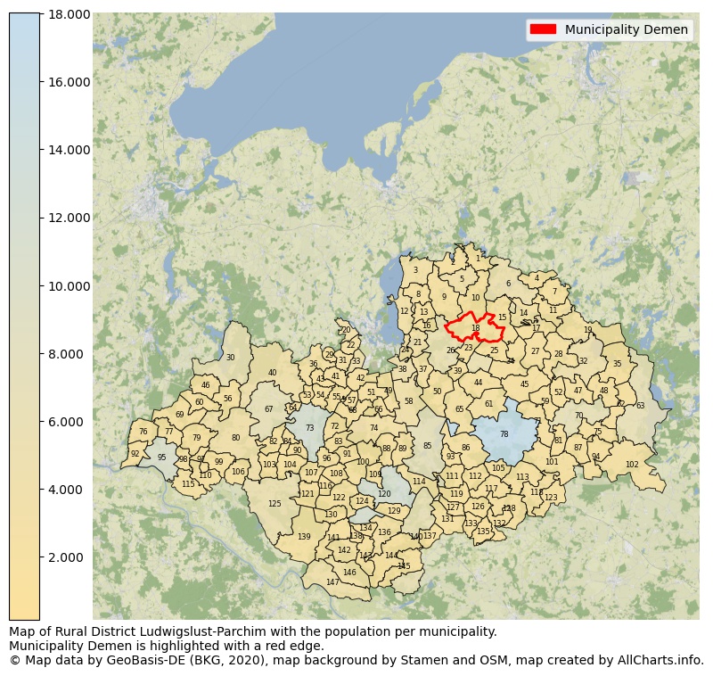 Map of Rural district Ludwigslust-Parchim with the population per municipality.Municipality Demen is highlighted with a red edge.. This page shows a lot of information about residents (such as the distribution by age groups, family composition, gender, native or German with an immigration background, ...), homes (numbers, types, price development, use, type of property, ...) and more (car ownership, energy consumption, ...) based on open data from the German Federal Agency for Cartography, the Federal Statistical Office (DESTATIS), the Regional Statistical Offices and various other sources!