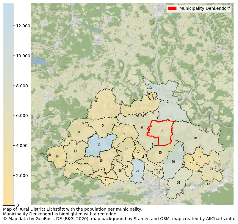 Map of Rural district Eichstätt with the population per municipality.Municipality Denkendorf is highlighted with a red edge.. This page shows a lot of information about residents (such as the distribution by age groups, family composition, gender, native or German with an immigration background, ...), homes (numbers, types, price development, use, type of property, ...) and more (car ownership, energy consumption, ...) based on open data from the German Federal Agency for Cartography, the Federal Statistical Office (DESTATIS), the Regional Statistical Offices and various other sources!