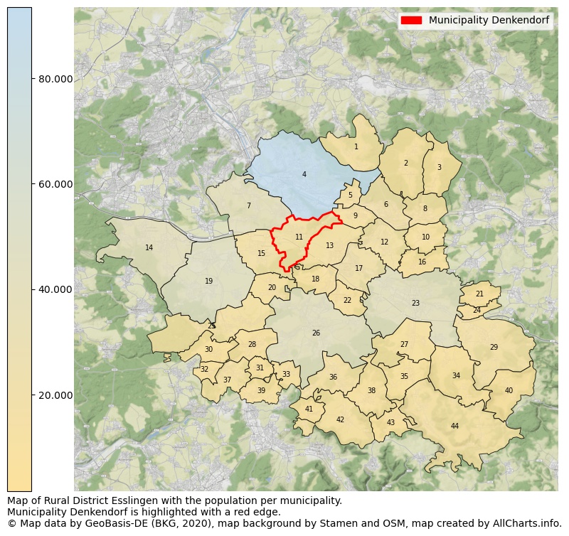 Map of Rural district Esslingen with the population per municipality.Municipality Denkendorf is highlighted with a red edge.. This page shows a lot of information about residents (such as the distribution by age groups, family composition, gender, native or German with an immigration background, ...), homes (numbers, types, price development, use, type of property, ...) and more (car ownership, energy consumption, ...) based on open data from the German Federal Agency for Cartography, the Federal Statistical Office (DESTATIS), the Regional Statistical Offices and various other sources!