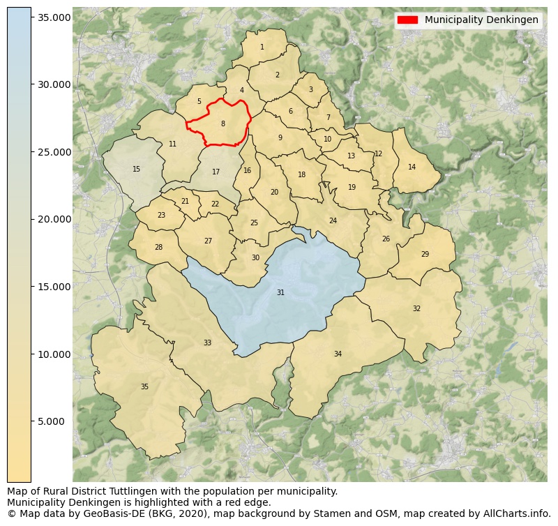 Map of Rural district Tuttlingen with the population per municipality.Municipality Denkingen is highlighted with a red edge.. This page shows a lot of information about residents (such as the distribution by age groups, family composition, gender, native or German with an immigration background, ...), homes (numbers, types, price development, use, type of property, ...) and more (car ownership, energy consumption, ...) based on open data from the German Federal Agency for Cartography, the Federal Statistical Office (DESTATIS), the Regional Statistical Offices and various other sources!