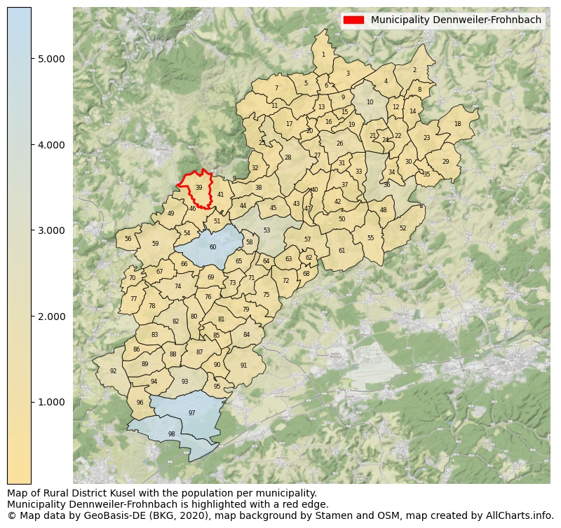 Map of Rural district Kusel with the population per municipality.Municipality Dennweiler-Frohnbach is highlighted with a red edge.. This page shows a lot of information about residents (such as the distribution by age groups, family composition, gender, native or German with an immigration background, ...), homes (numbers, types, price development, use, type of property, ...) and more (car ownership, energy consumption, ...) based on open data from the German Federal Agency for Cartography, the Federal Statistical Office (DESTATIS), the Regional Statistical Offices and various other sources!