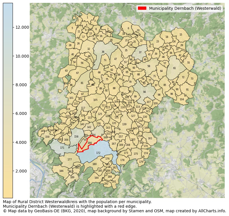 Map of Rural district Westerwaldkreis with the population per municipality.Municipality Dernbach (Westerwald) is highlighted with a red edge.. This page shows a lot of information about residents (such as the distribution by age groups, family composition, gender, native or German with an immigration background, ...), homes (numbers, types, price development, use, type of property, ...) and more (car ownership, energy consumption, ...) based on open data from the German Federal Agency for Cartography, the Federal Statistical Office (DESTATIS), the Regional Statistical Offices and various other sources!