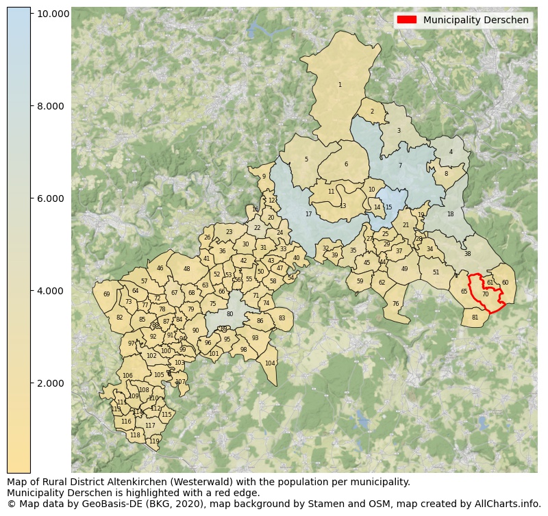 Map of Rural district Altenkirchen (Westerwald) with the population per municipality.Municipality Derschen is highlighted with a red edge.. This page shows a lot of information about residents (such as the distribution by age groups, family composition, gender, native or German with an immigration background, ...), homes (numbers, types, price development, use, type of property, ...) and more (car ownership, energy consumption, ...) based on open data from the German Federal Agency for Cartography, the Federal Statistical Office (DESTATIS), the Regional Statistical Offices and various other sources!