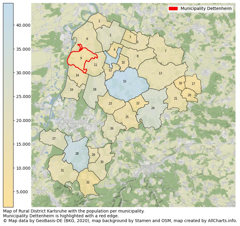Map of Rural district Karlsruhe with the population per municipality.Municipality Dettenheim is highlighted with a red edge.. This page shows a lot of information about residents (such as the distribution by age groups, family composition, gender, native or German with an immigration background, ...), homes (numbers, types, price development, use, type of property, ...) and more (car ownership, energy consumption, ...) based on open data from the German Federal Agency for Cartography, the Federal Statistical Office (DESTATIS), the Regional Statistical Offices and various other sources!