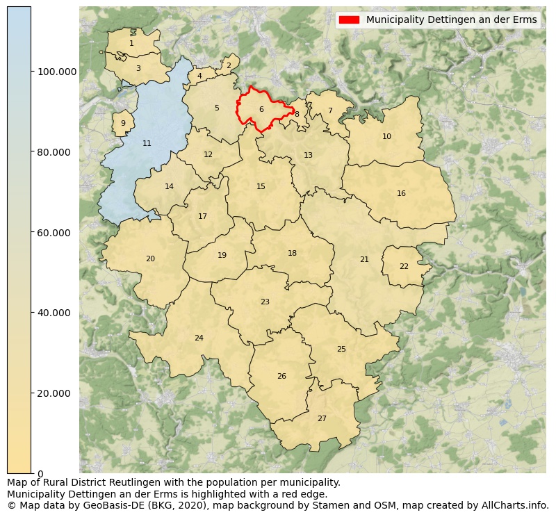 Map of Rural district Reutlingen with the population per municipality.Municipality Dettingen an der Erms is highlighted with a red edge.. This page shows a lot of information about residents (such as the distribution by age groups, family composition, gender, native or German with an immigration background, ...), homes (numbers, types, price development, use, type of property, ...) and more (car ownership, energy consumption, ...) based on open data from the German Federal Agency for Cartography, the Federal Statistical Office (DESTATIS), the Regional Statistical Offices and various other sources!