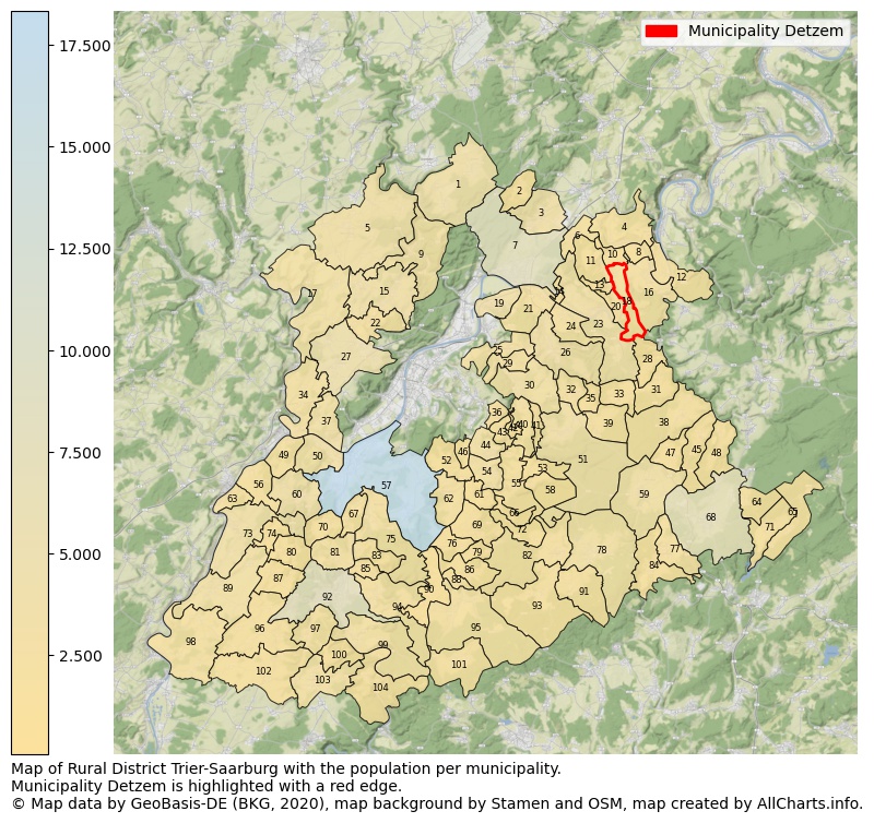 Map of Rural district Trier-Saarburg with the population per municipality.Municipality Detzem is highlighted with a red edge.. This page shows a lot of information about residents (such as the distribution by age groups, family composition, gender, native or German with an immigration background, ...), homes (numbers, types, price development, use, type of property, ...) and more (car ownership, energy consumption, ...) based on open data from the German Federal Agency for Cartography, the Federal Statistical Office (DESTATIS), the Regional Statistical Offices and various other sources!