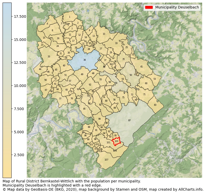 Map of Rural district Bernkastel-Wittlich with the population per municipality.Municipality Deuselbach is highlighted with a red edge.. This page shows a lot of information about residents (such as the distribution by age groups, family composition, gender, native or German with an immigration background, ...), homes (numbers, types, price development, use, type of property, ...) and more (car ownership, energy consumption, ...) based on open data from the German Federal Agency for Cartography, the Federal Statistical Office (DESTATIS), the Regional Statistical Offices and various other sources!