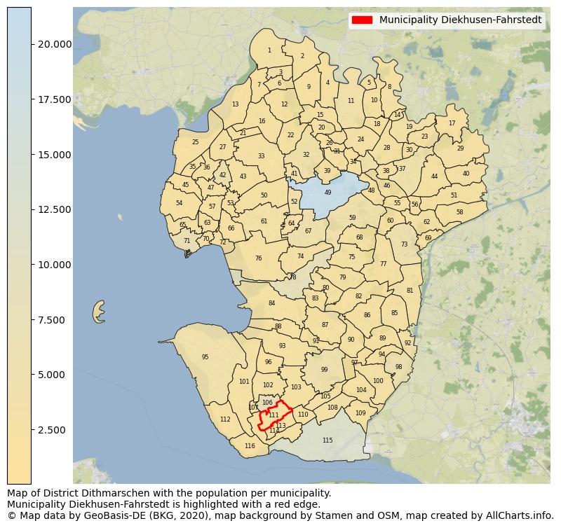 Map of District Dithmarschen with the population per municipality.Municipality Diekhusen-Fahrstedt is highlighted with a red edge.. This page shows a lot of information about residents (such as the distribution by age groups, family composition, gender, native or German with an immigration background, ...), homes (numbers, types, price development, use, type of property, ...) and more (car ownership, energy consumption, ...) based on open data from the German Federal Agency for Cartography, the Federal Statistical Office (DESTATIS), the Regional Statistical Offices and various other sources!