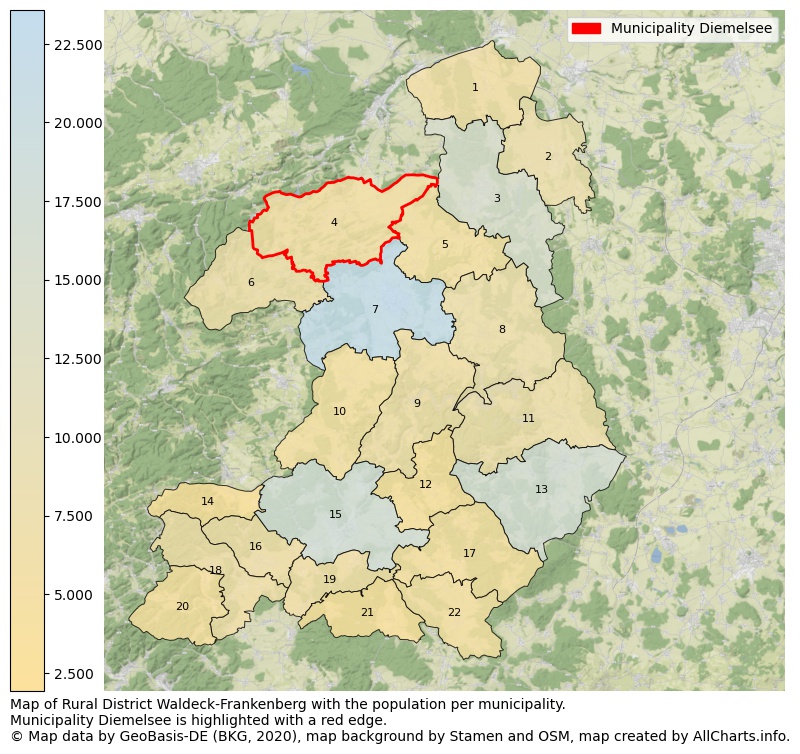 Map of Rural district Waldeck-Frankenberg with the population per municipality.Municipality Diemelsee is highlighted with a red edge.. This page shows a lot of information about residents (such as the distribution by age groups, family composition, gender, native or German with an immigration background, ...), homes (numbers, types, price development, use, type of property, ...) and more (car ownership, energy consumption, ...) based on open data from the German Federal Agency for Cartography, the Federal Statistical Office (DESTATIS), the Regional Statistical Offices and various other sources!
