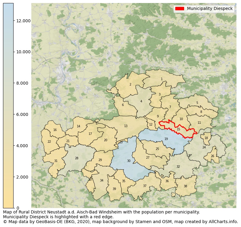 Map of Rural district Neustadt a.d. Aisch-Bad Windsheim with the population per municipality.Municipality Diespeck is highlighted with a red edge.. This page shows a lot of information about residents (such as the distribution by age groups, family composition, gender, native or German with an immigration background, ...), homes (numbers, types, price development, use, type of property, ...) and more (car ownership, energy consumption, ...) based on open data from the German Federal Agency for Cartography, the Federal Statistical Office (DESTATIS), the Regional Statistical Offices and various other sources!