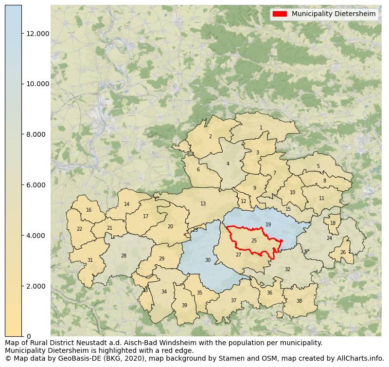 Map of Rural district Neustadt a.d. Aisch-Bad Windsheim with the population per municipality.Municipality Dietersheim is highlighted with a red edge.. This page shows a lot of information about residents (such as the distribution by age groups, family composition, gender, native or German with an immigration background, ...), homes (numbers, types, price development, use, type of property, ...) and more (car ownership, energy consumption, ...) based on open data from the German Federal Agency for Cartography, the Federal Statistical Office (DESTATIS), the Regional Statistical Offices and various other sources!