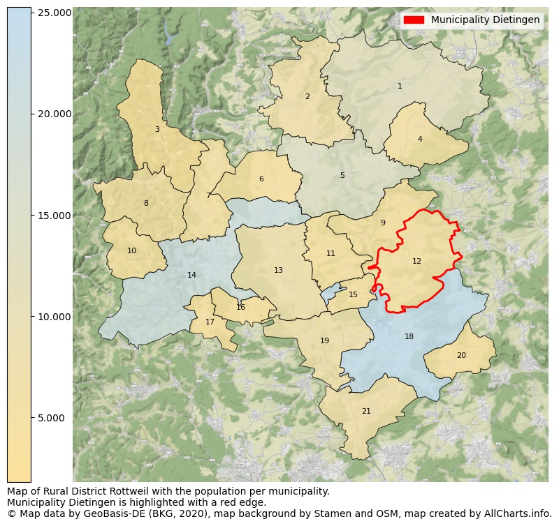 Map of Rural district Rottweil with the population per municipality.Municipality Dietingen is highlighted with a red edge.. This page shows a lot of information about residents (such as the distribution by age groups, family composition, gender, native or German with an immigration background, ...), homes (numbers, types, price development, use, type of property, ...) and more (car ownership, energy consumption, ...) based on open data from the German Federal Agency for Cartography, the Federal Statistical Office (DESTATIS), the Regional Statistical Offices and various other sources!