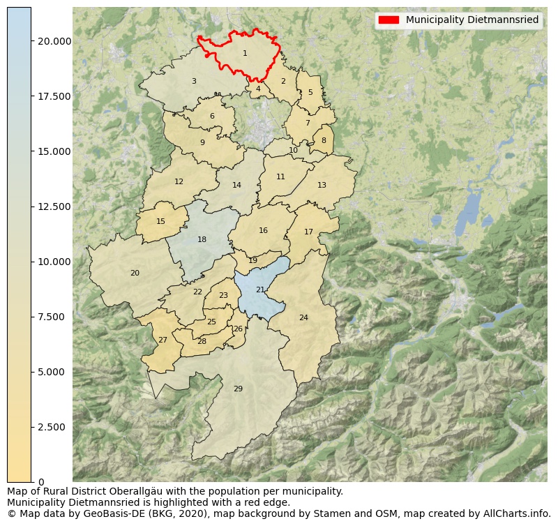 Map of Rural district Oberallgäu with the population per municipality.Municipality Dietmannsried is highlighted with a red edge.. This page shows a lot of information about residents (such as the distribution by age groups, family composition, gender, native or German with an immigration background, ...), homes (numbers, types, price development, use, type of property, ...) and more (car ownership, energy consumption, ...) based on open data from the German Federal Agency for Cartography, the Federal Statistical Office (DESTATIS), the Regional Statistical Offices and various other sources!