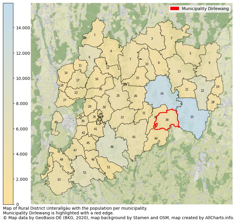 Map of Rural district Unterallgäu with the population per municipality.Municipality Dirlewang is highlighted with a red edge.. This page shows a lot of information about residents (such as the distribution by age groups, family composition, gender, native or German with an immigration background, ...), homes (numbers, types, price development, use, type of property, ...) and more (car ownership, energy consumption, ...) based on open data from the German Federal Agency for Cartography, the Federal Statistical Office (DESTATIS), the Regional Statistical Offices and various other sources!